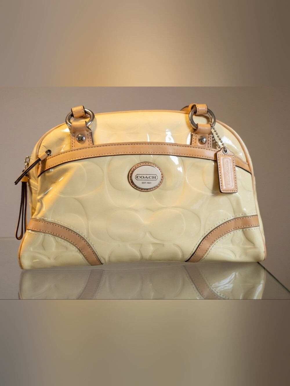 Y2K Coach Yellow Patent Leather Satchel with Tan Leather Trim